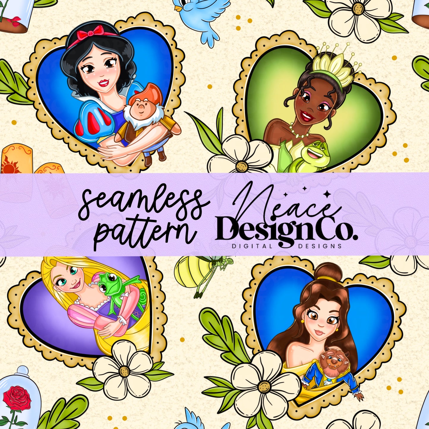 Princess and Friends Heart Collage Seamless Digital PNG