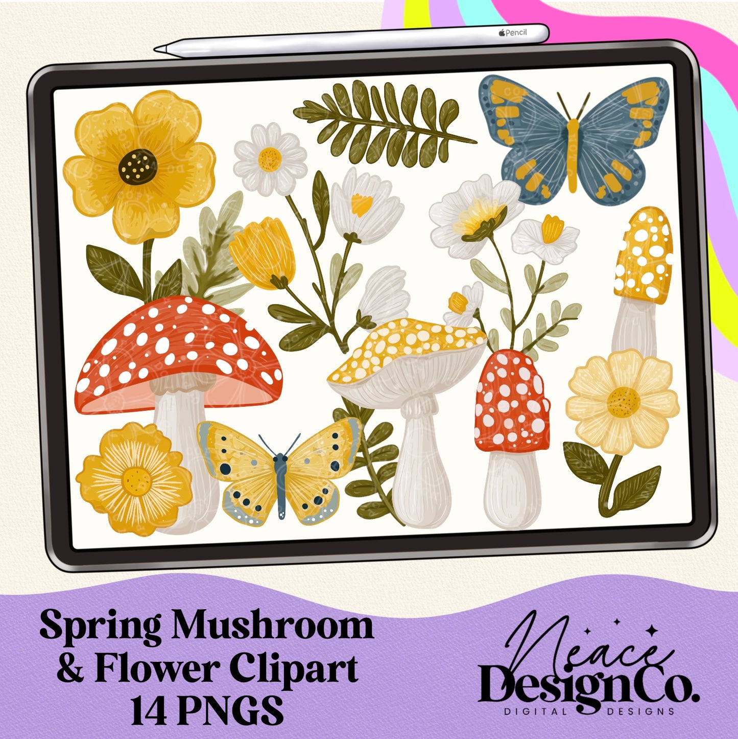 Spring Mushroom and Flower Digital Clip Art