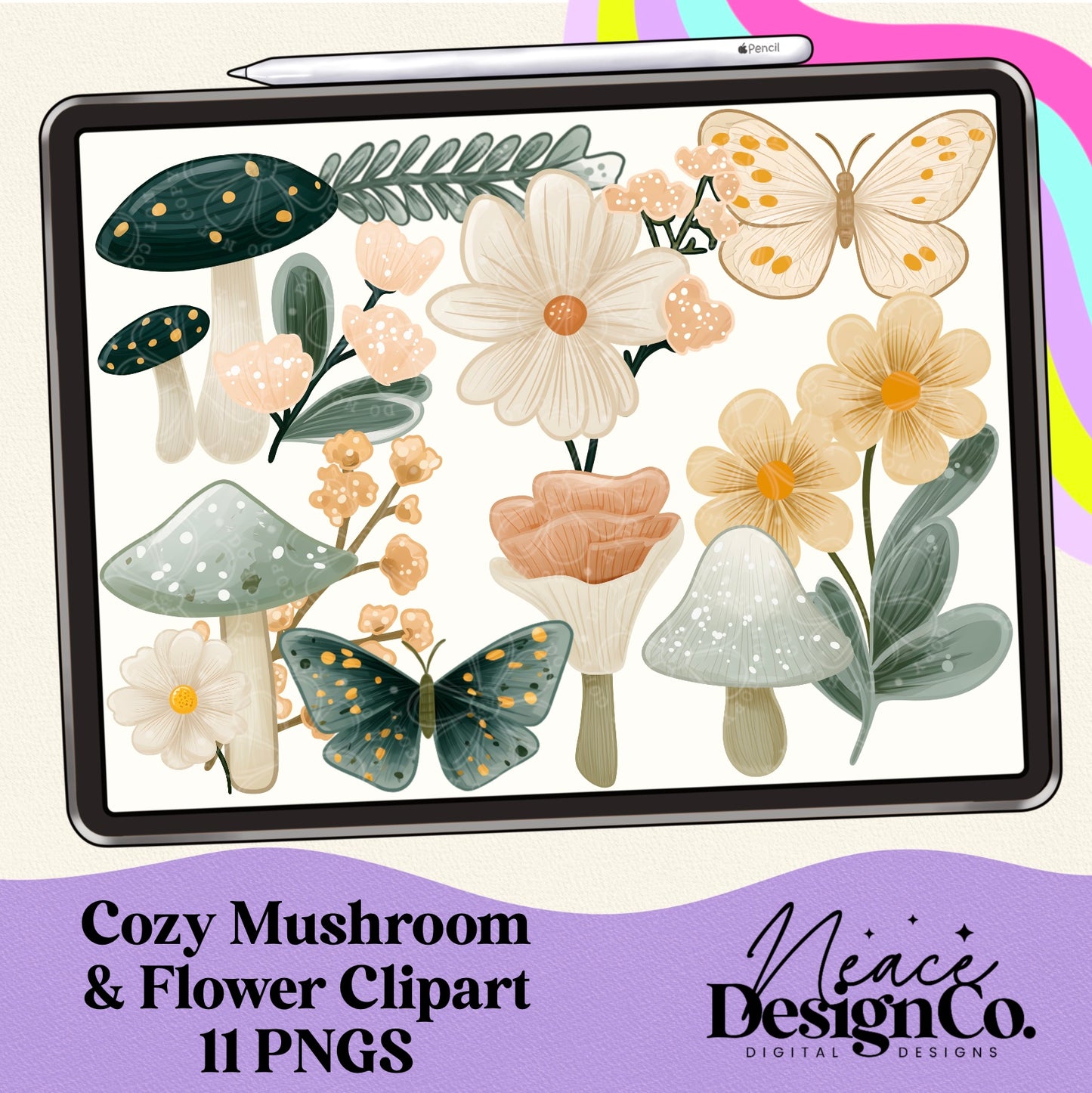 Cozy Mushroom and Flower Digital Clip Art
