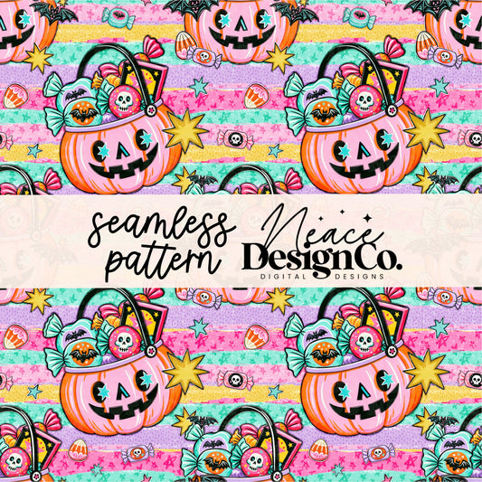 Preppy Striped Halloween Pumpkin Bucket Seamless Digital PNG