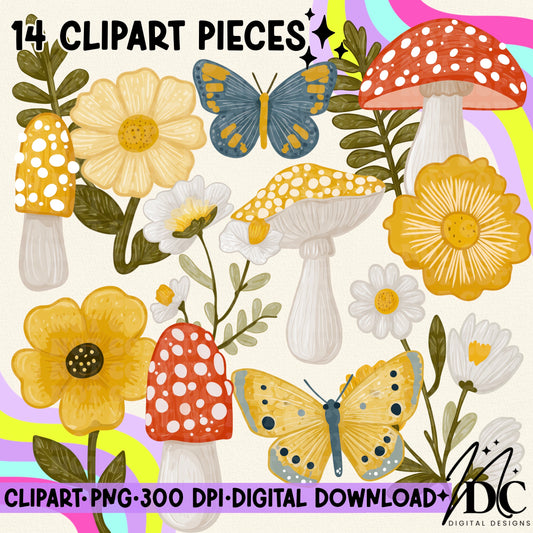 Spring Mushroom and Flower Digital Clip Art