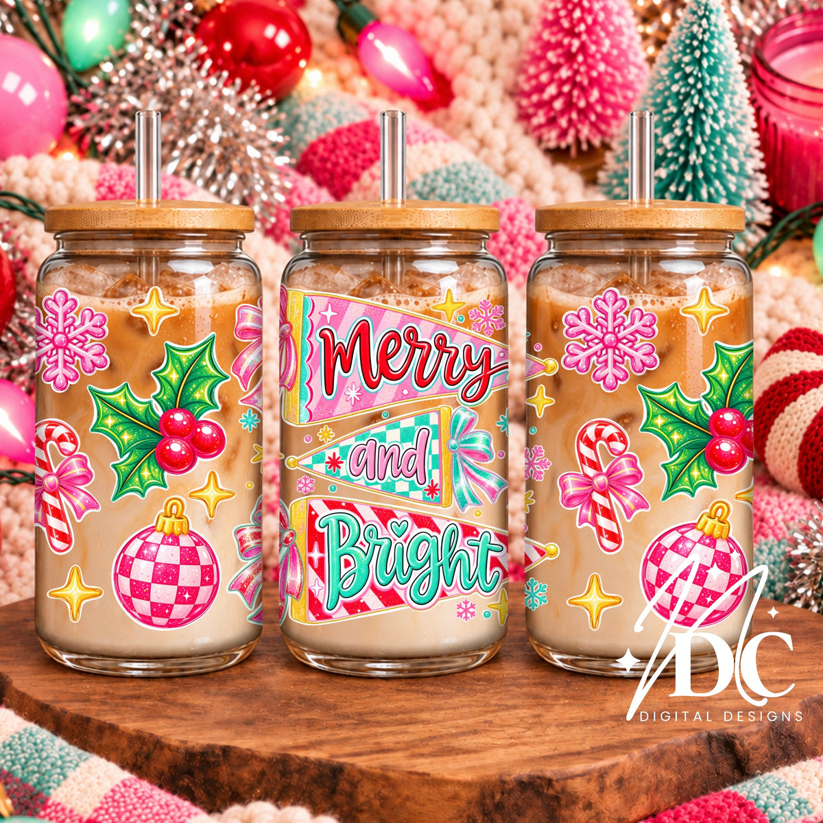 Merry and Bright Retro Glass Can Wrap Digital PNG