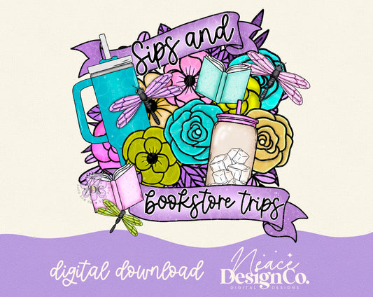 Sips and Bookstore Trips Digital PNG