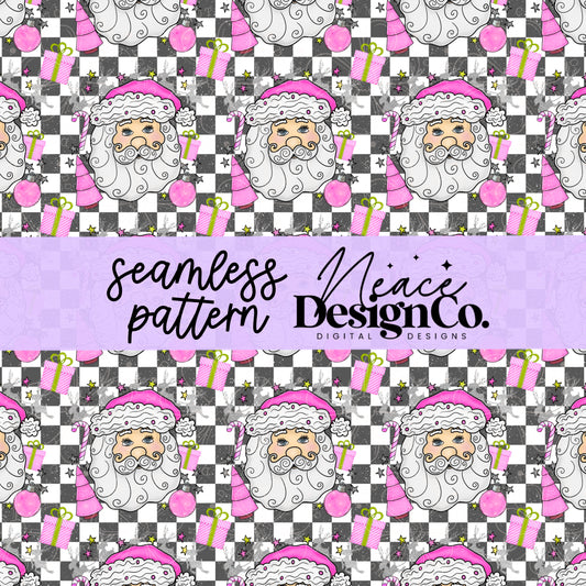 Tis the Season Pink Checkered Santa Seamless Digital PNG