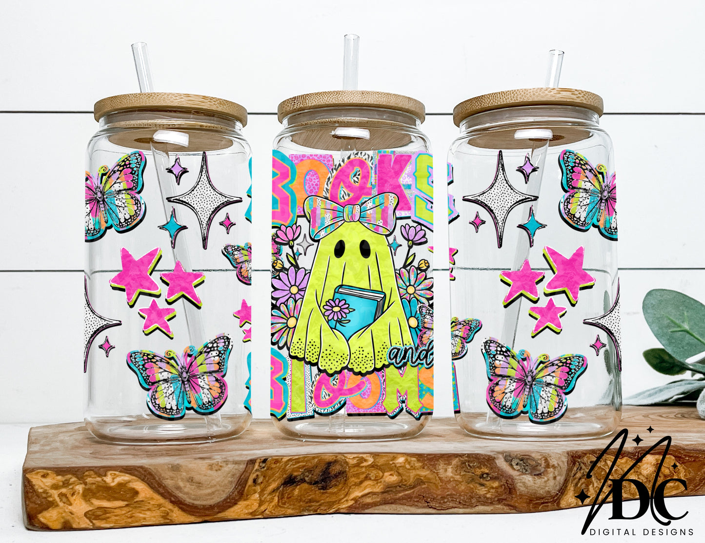 Books And Blooms Glass Can Wrap Digital PNG