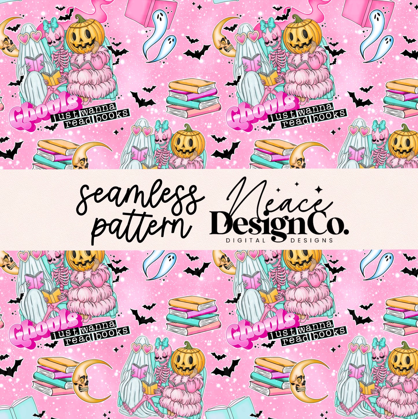 Ghouls Just Wanna Read Books Seamless Pattern Digital PNG