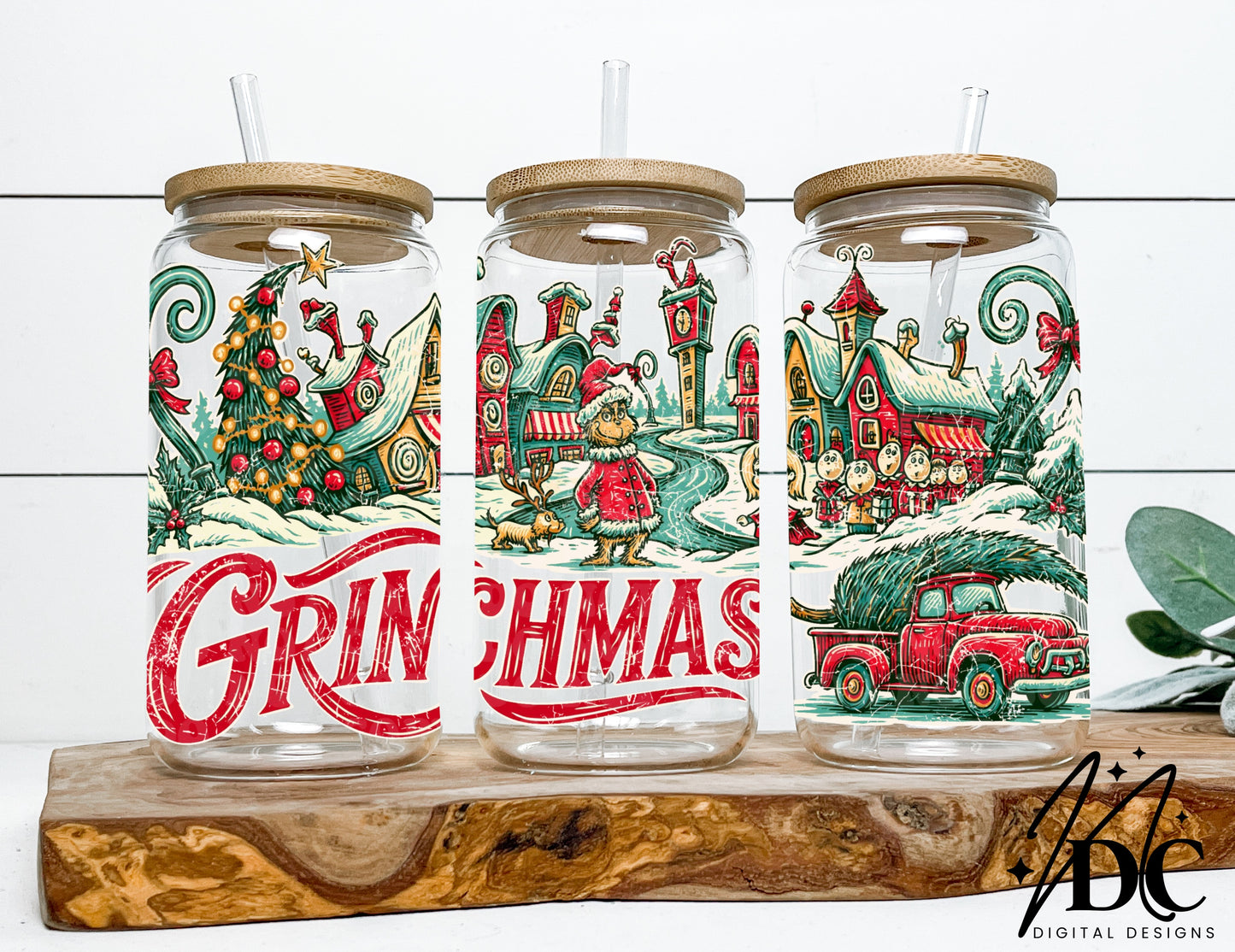 Vintage Grinchmas Holiday 16oz Glass Wrap Digital PNG