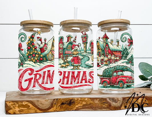 Vintage Grinchmas Holiday 16oz Glass Wrap Digital PNG