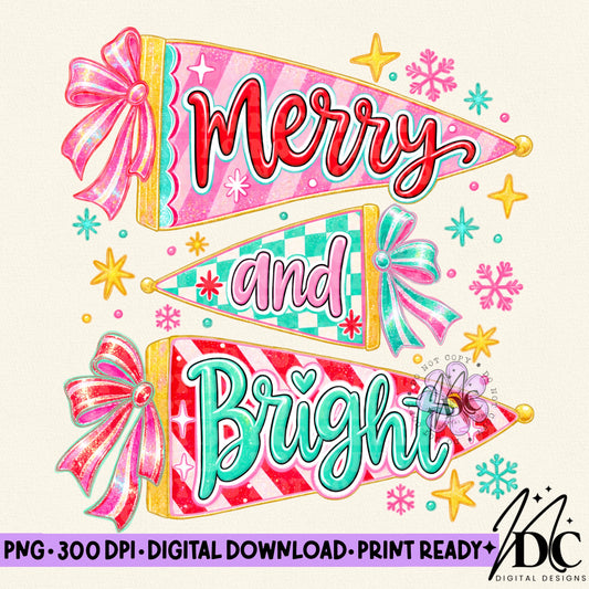 Merry and Bright Retro Christmas Pennants Digital PNG