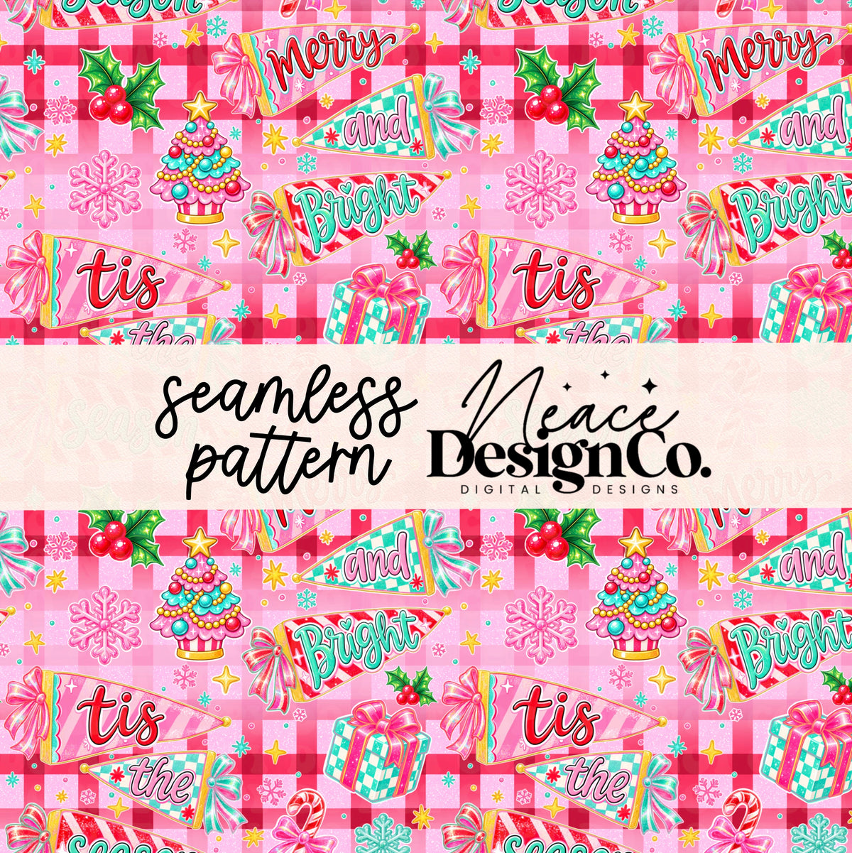 Bright Retro Christmas Pennants Seamless Digital PNG