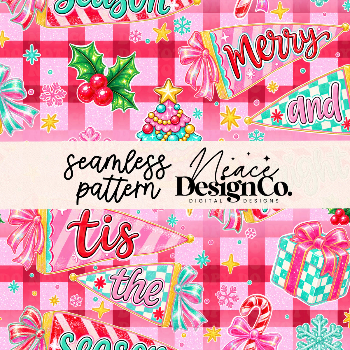 Bright Retro Christmas Pennants Seamless Digital PNG