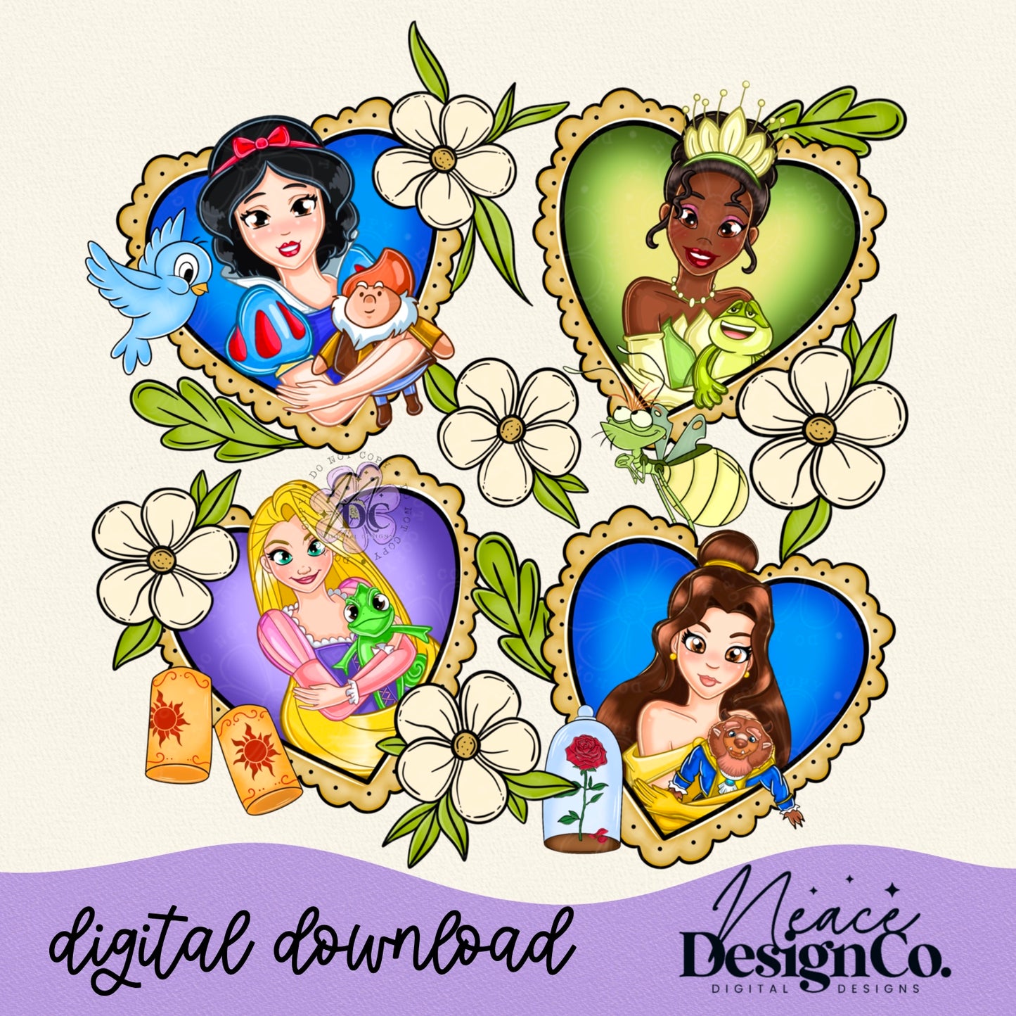 Princess and Friends Heart Collage Digital PNG