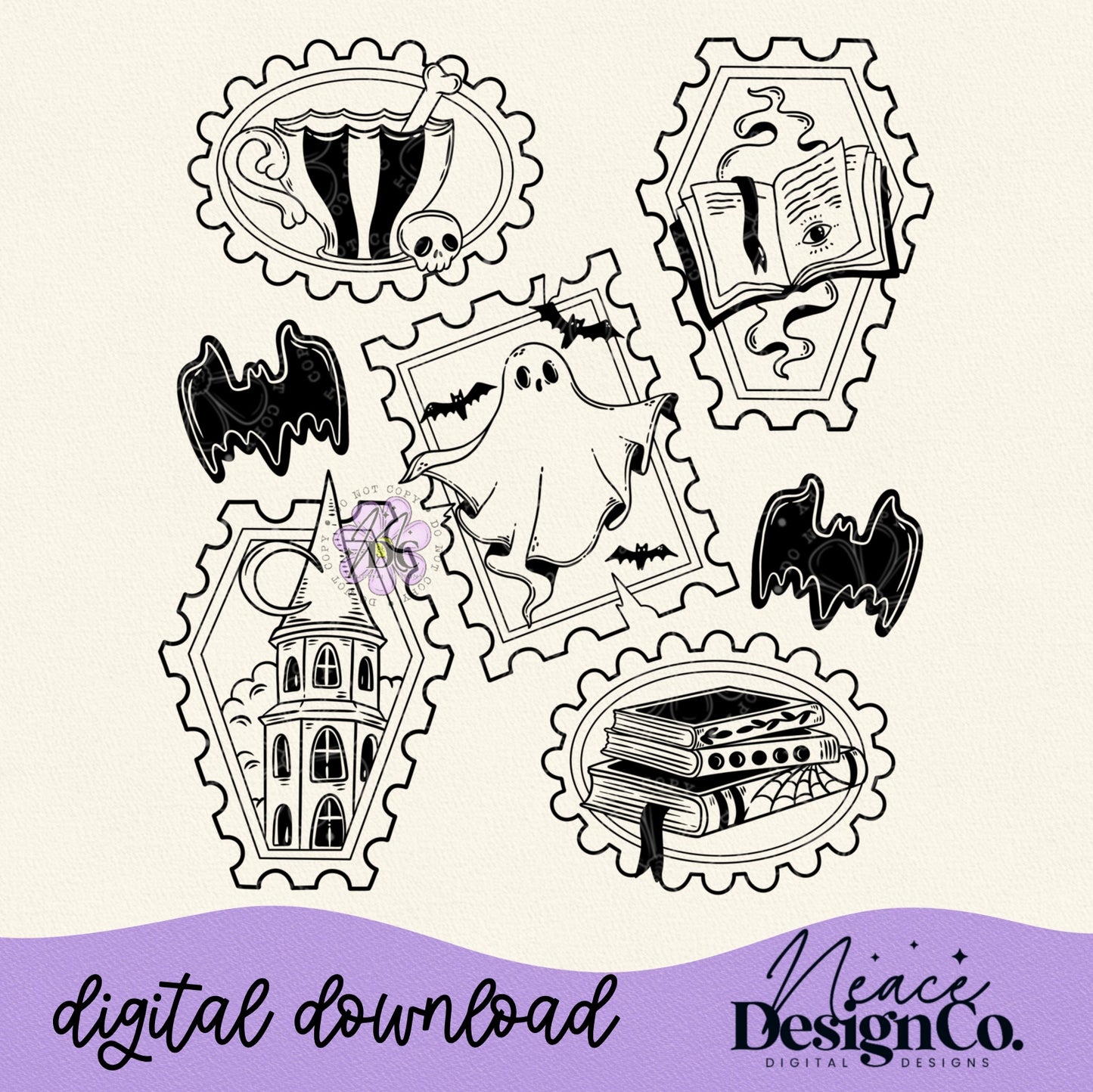 Spooky Stamp Collage Single Color Digital PNG