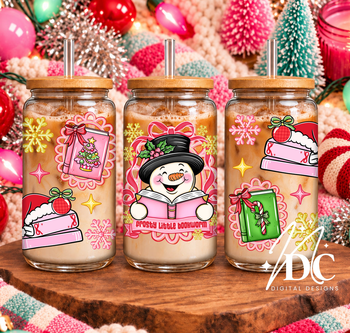 Frosty Little Bookworm Glass Can Wrap Digital PNG