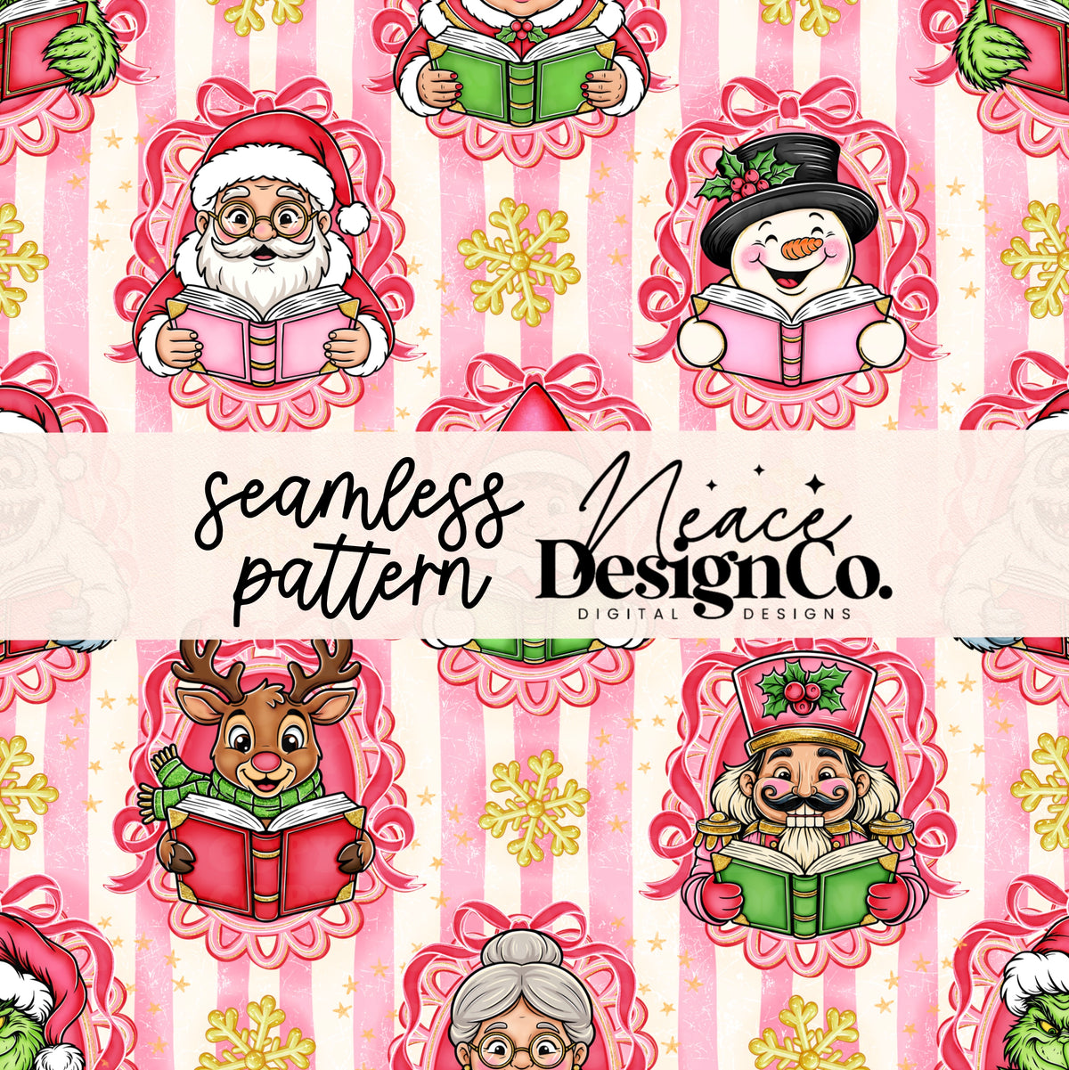 Striped Christmas Bookish Seamless Digital PNG