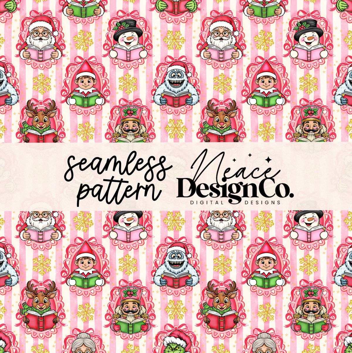 Striped Christmas Bookish Seamless Digital PNG