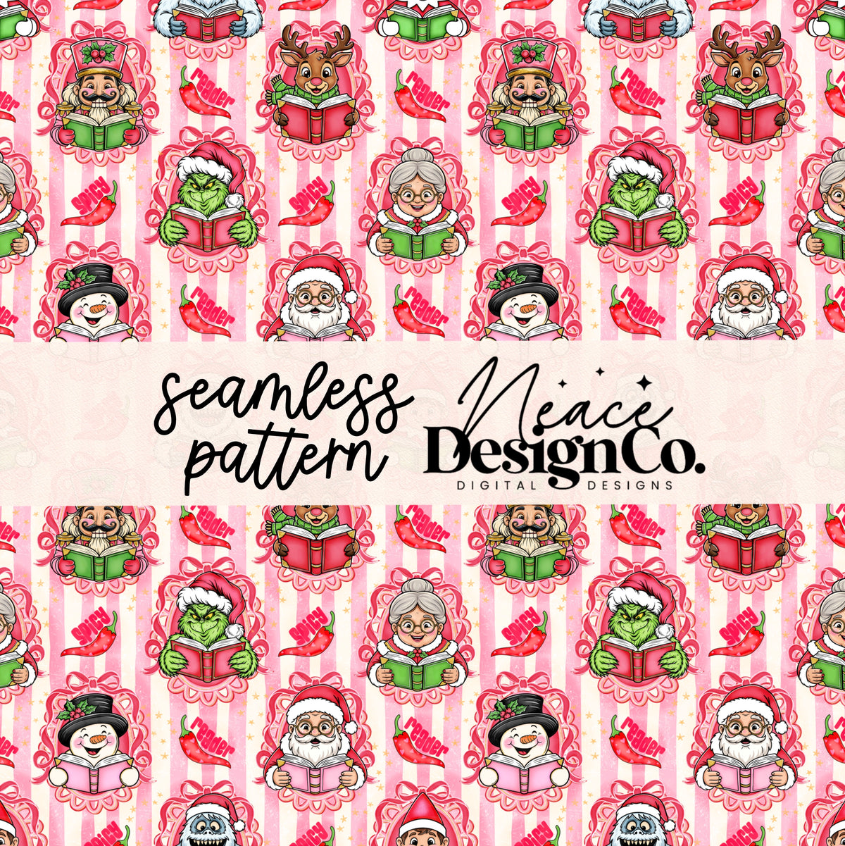 Striped Spicy Christmas Bookish Seamless Digital PNG