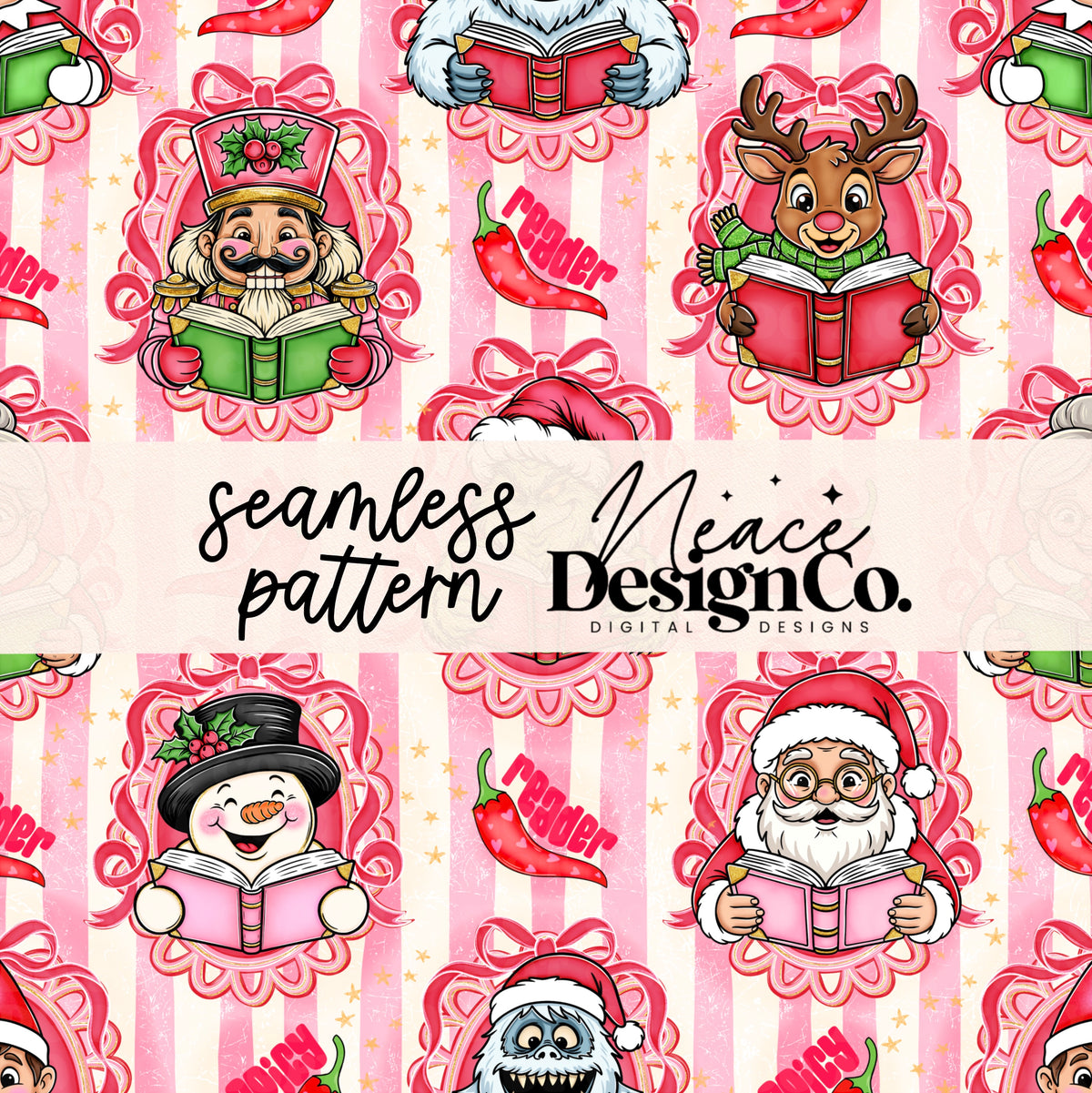 Striped Spicy Christmas Bookish Seamless Digital PNG