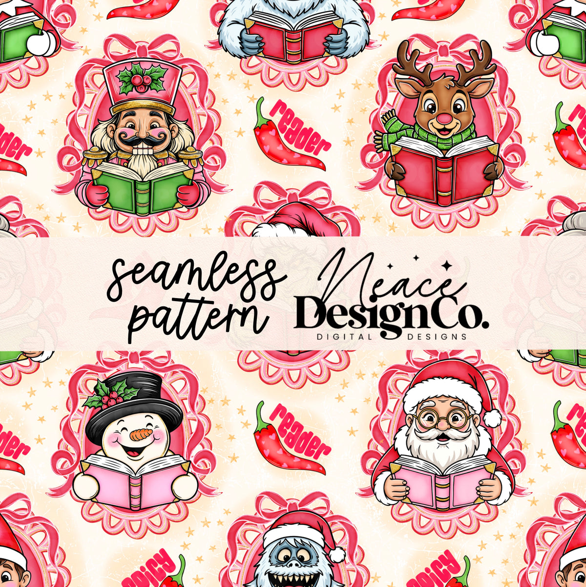 Spicy Christmas Bookish Seamless Digital PNG