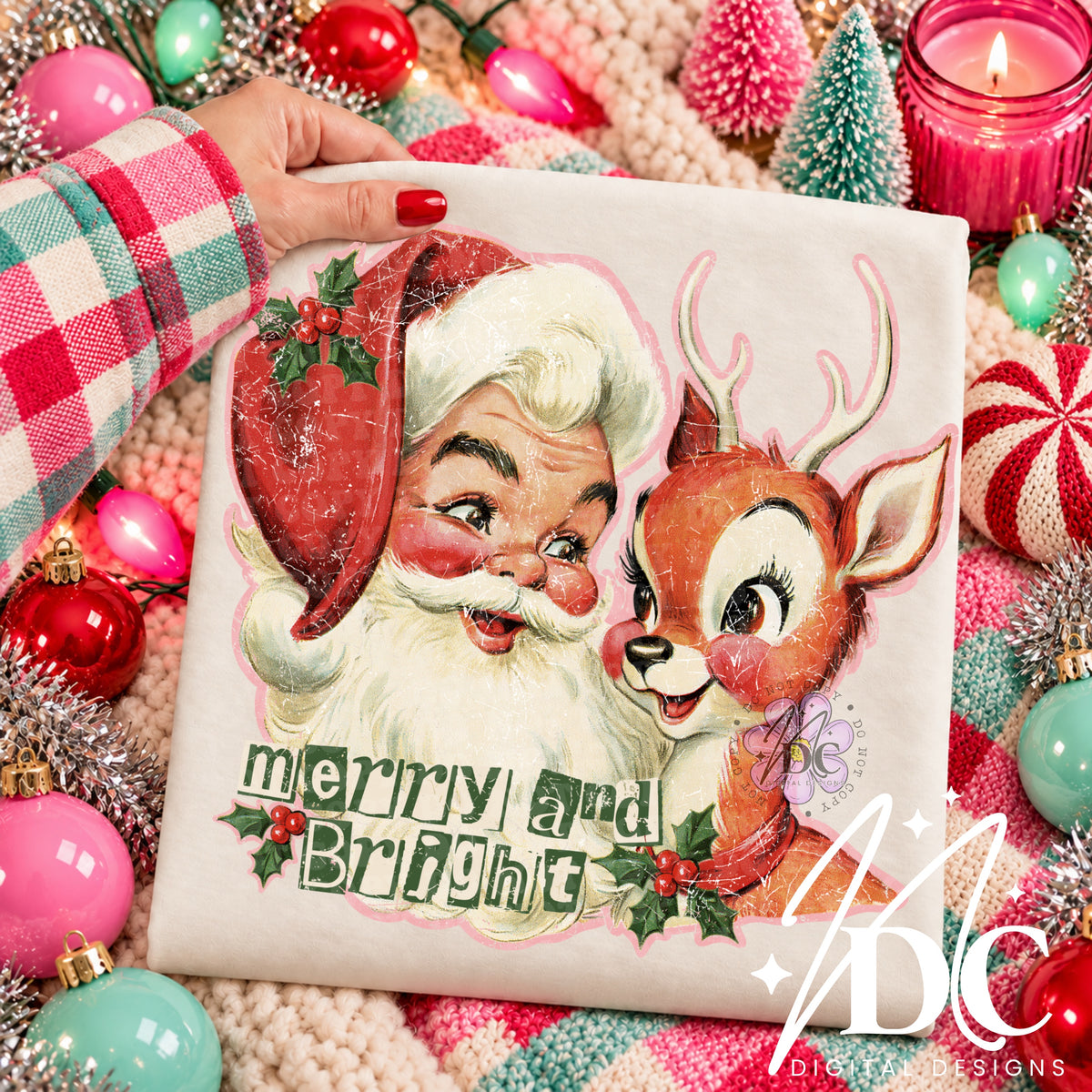 Vintage Merry & Bright Santa Digital PNG