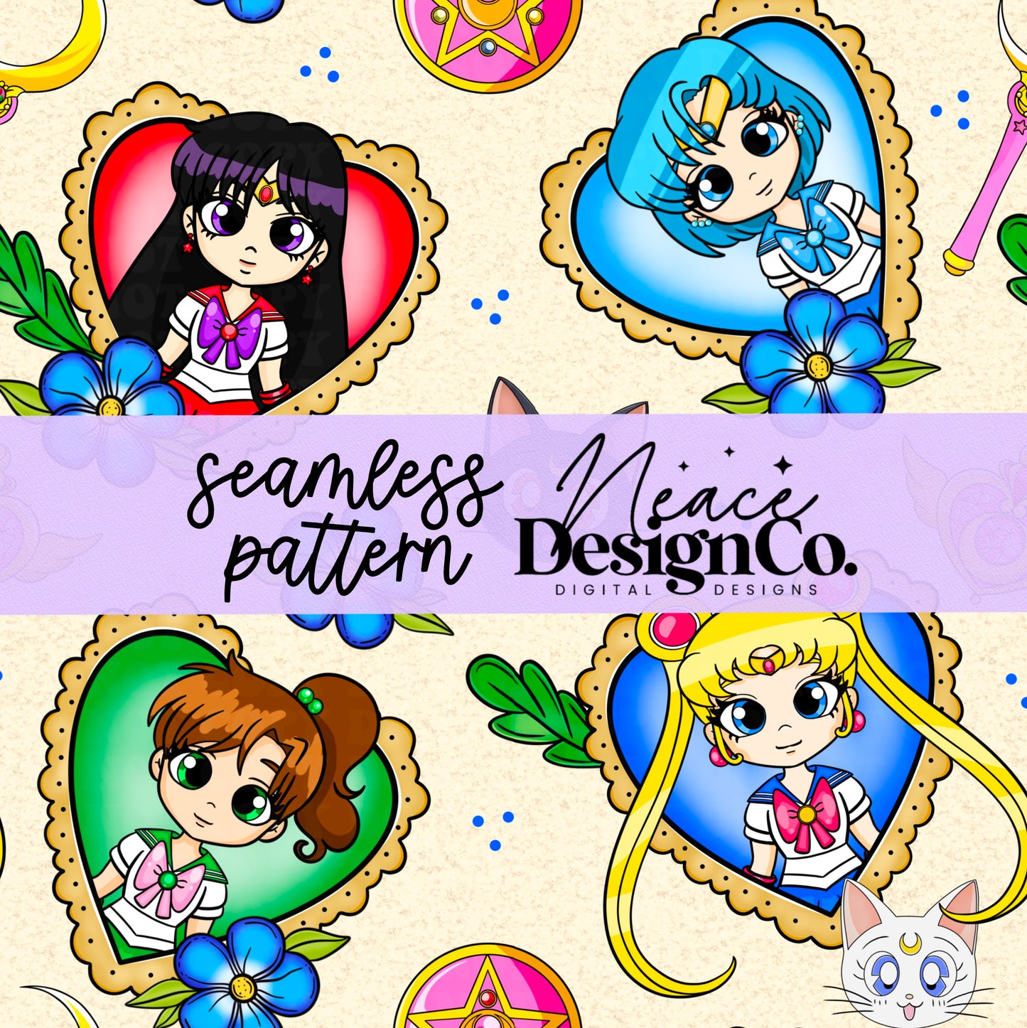 Sailor Moon Hearts Seamless Digital PNG