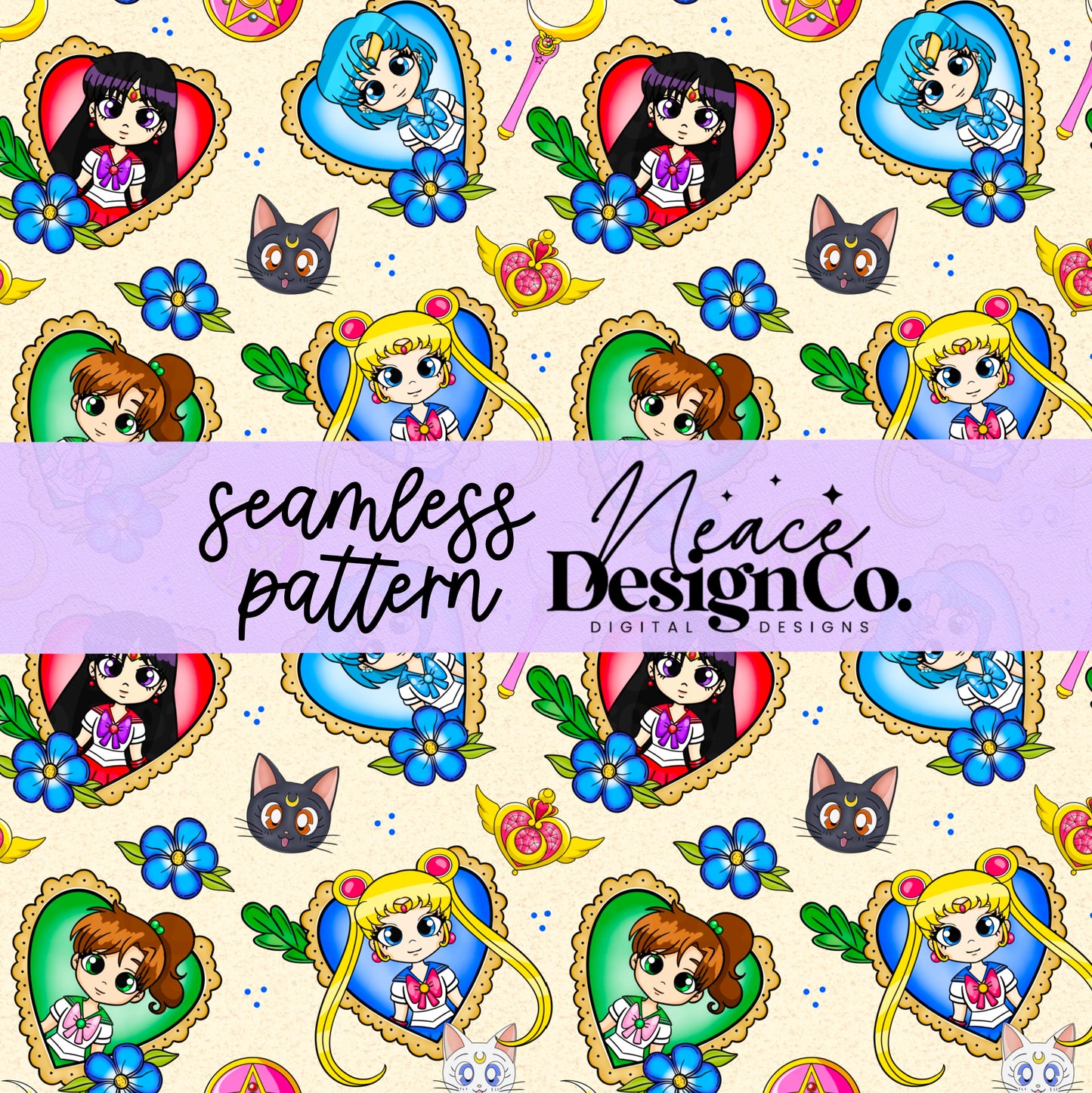 Sailor Moon Hearts Seamless Digital PNG