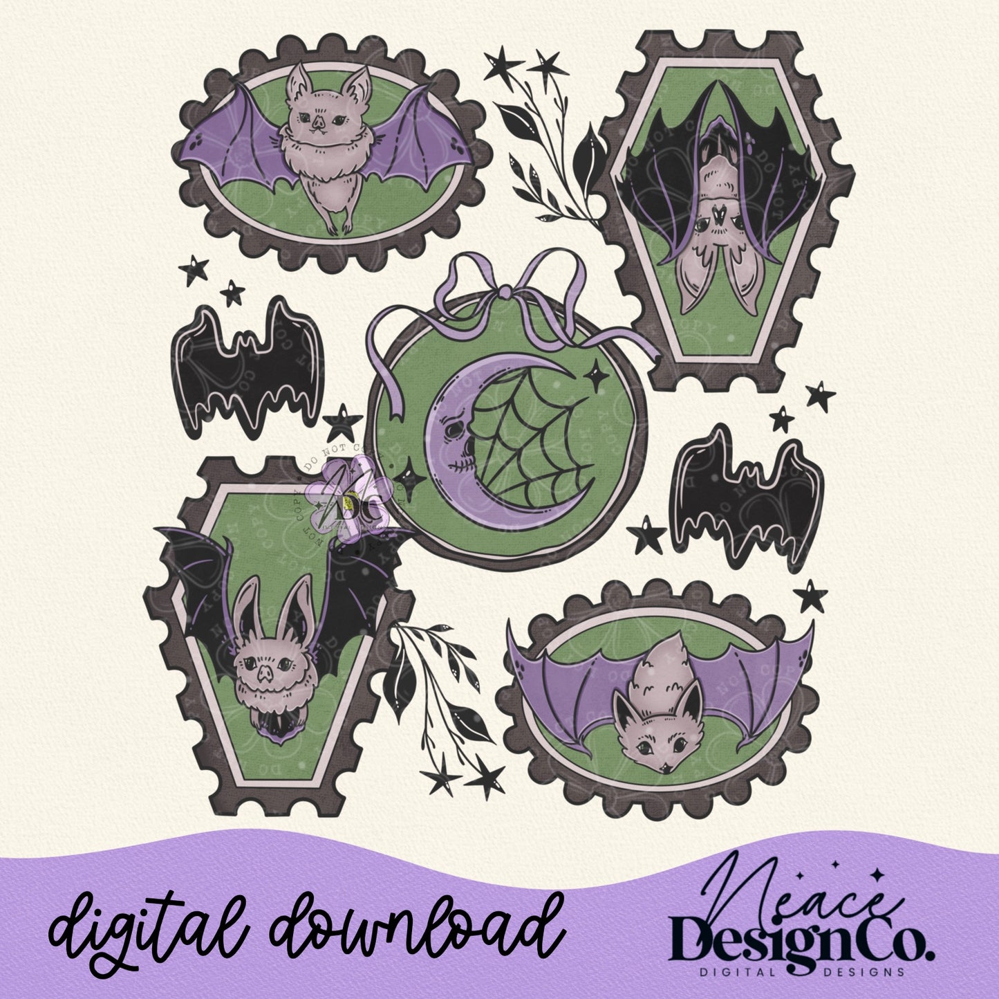 Vintage Bat Stamp Collage Digital PNG