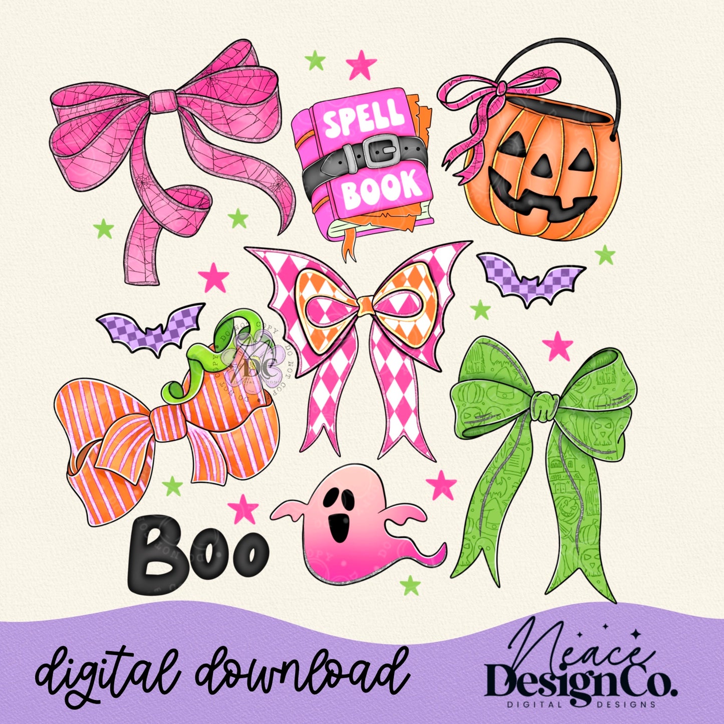Pink Spooky Halloween Bows Digital PNG