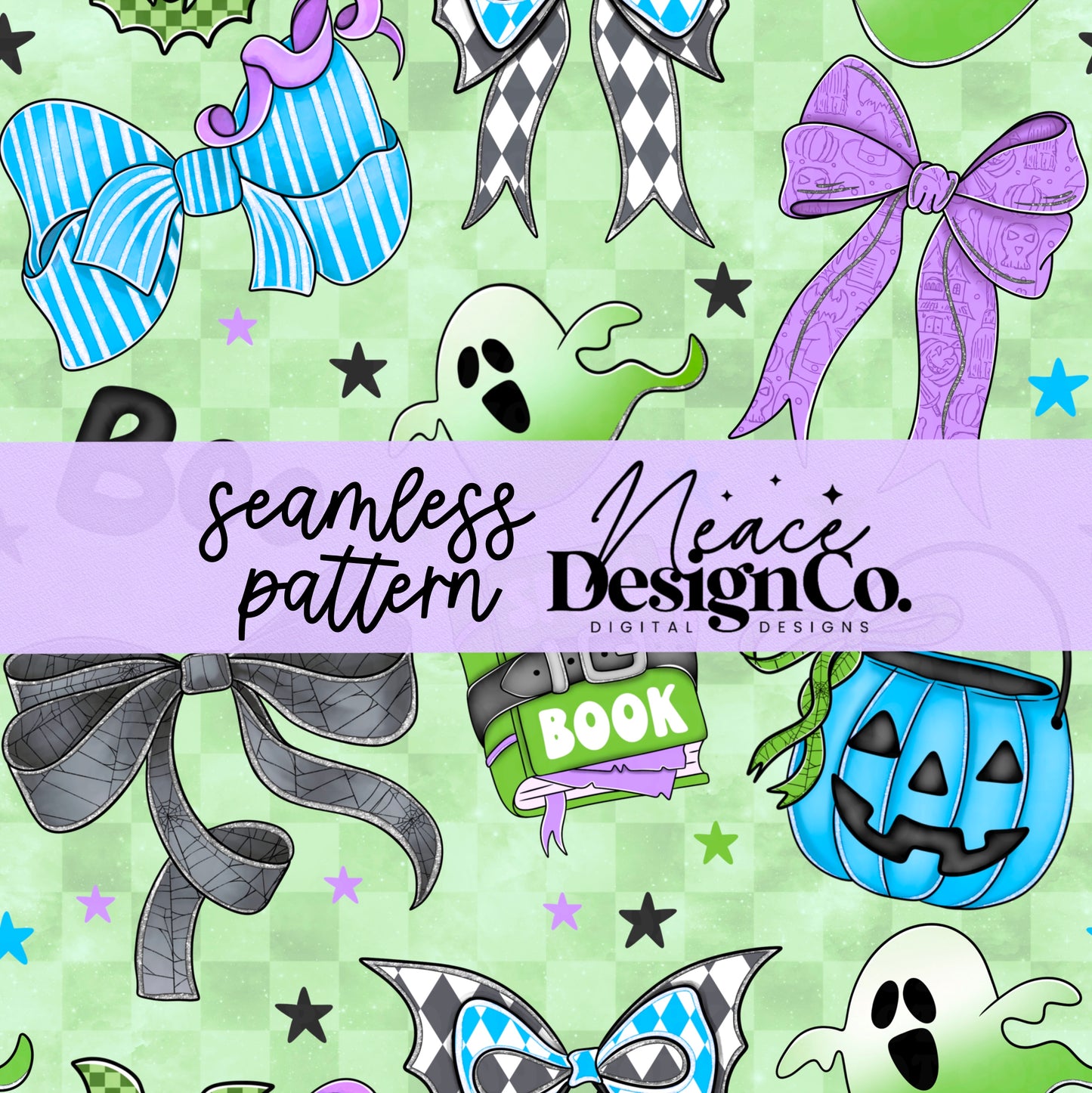 Blue Spooky Halloween Bows Seamless Digital PNG