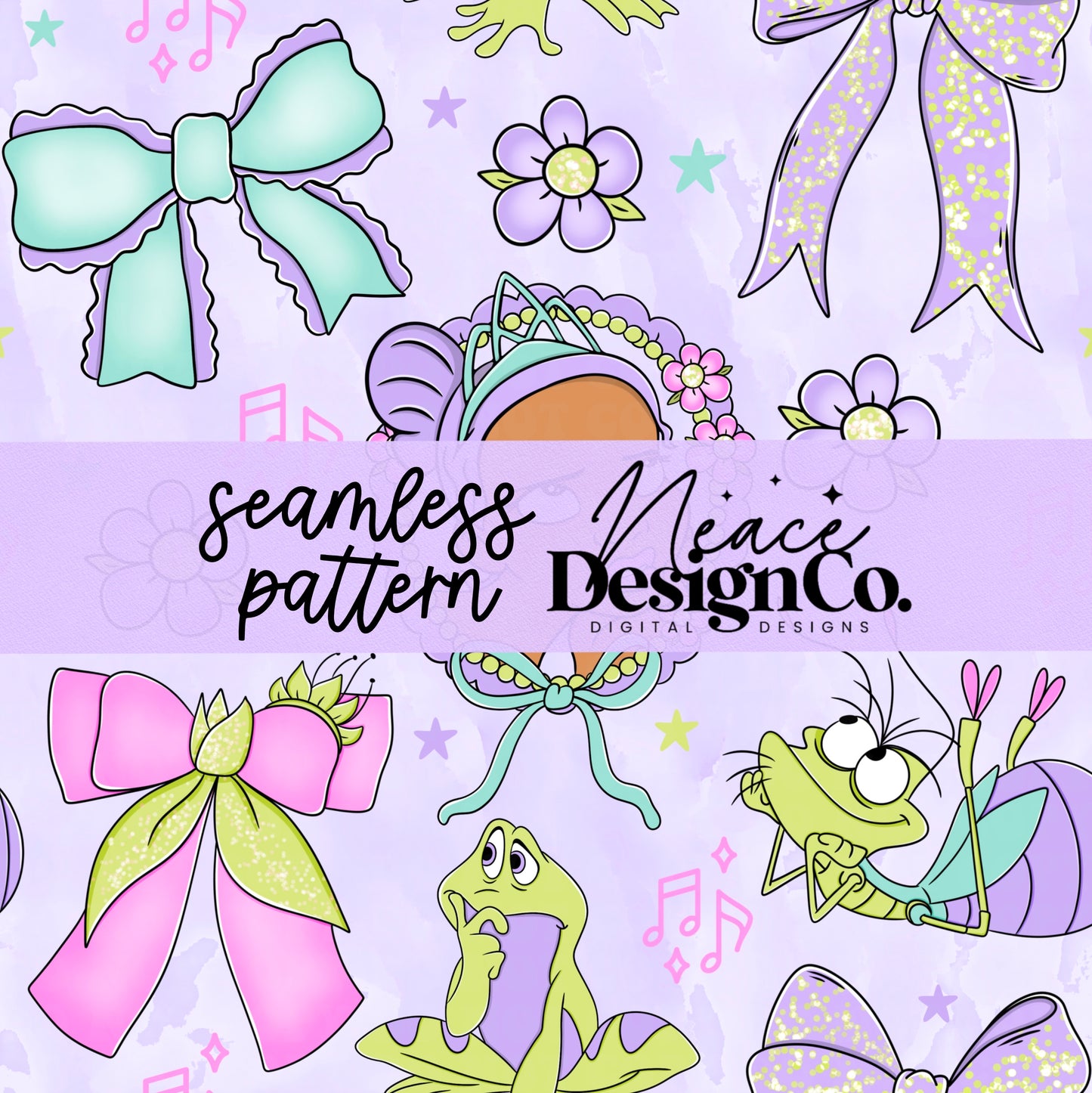 Princess Tiana Bow Collage Seamless Digital PNG