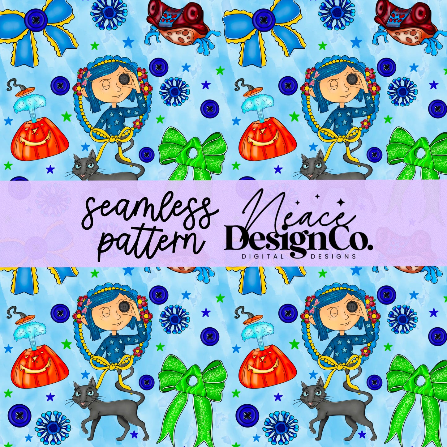 Coraline Bow Collage Seamless Digital PNG