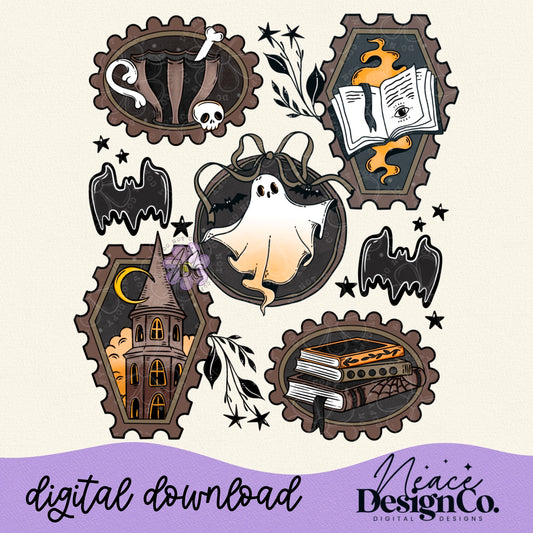 Neutral Spooky Stamp Collage Digital PNG