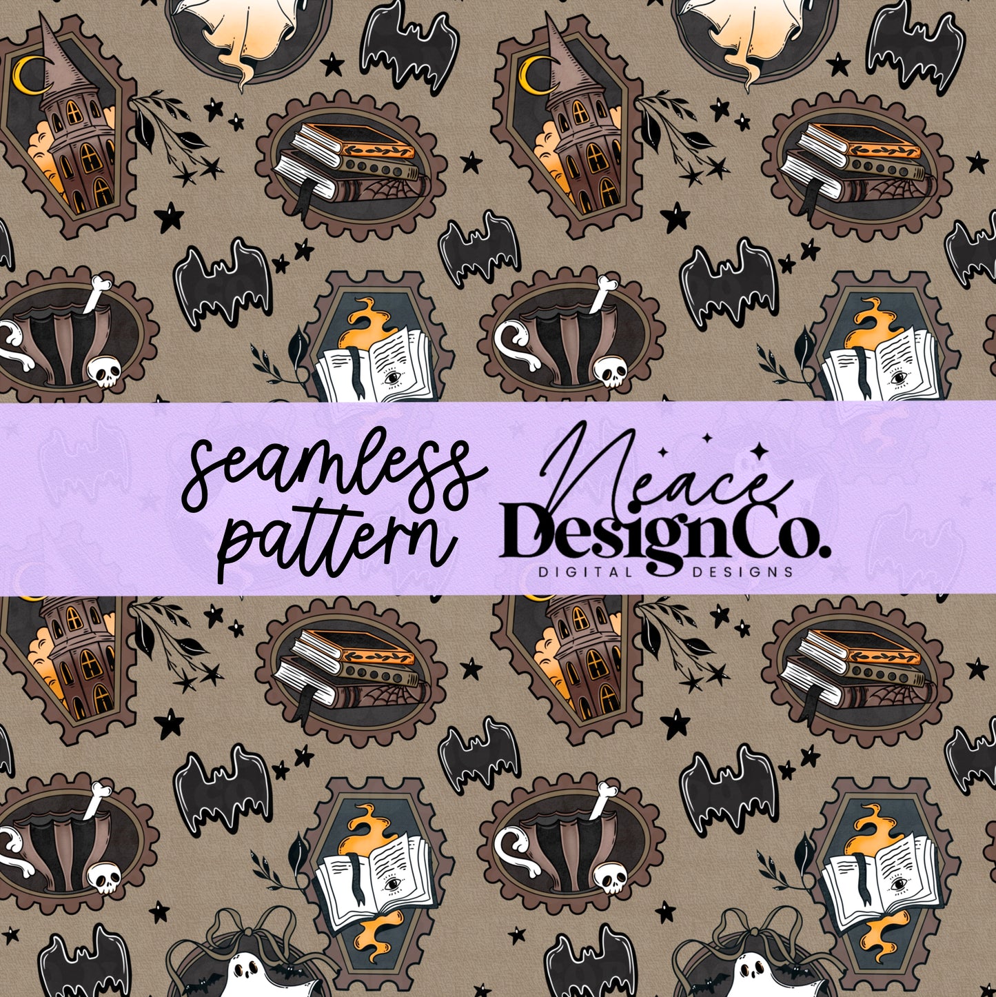 Neutral Spooky Stamp Collage Seamless Digital PNG