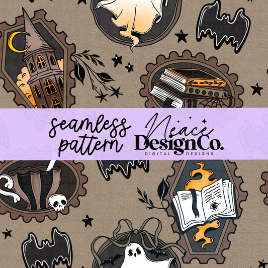 Neutral Spooky Stamp Collage Seamless Digital PNG
