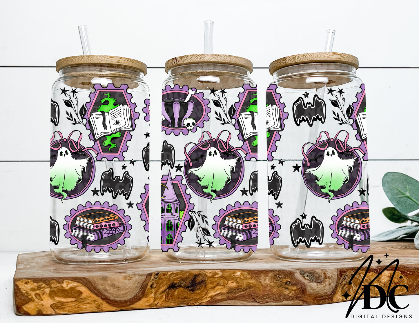 Bright Spooky Stamp Collage Glass Can Wrap Digital PNG