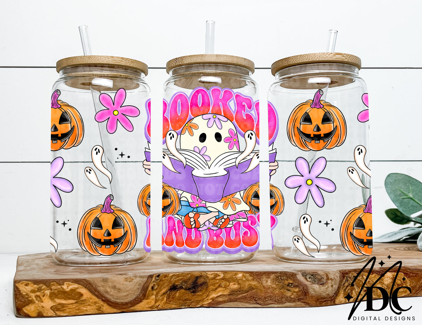 Lizzie Spooky Booked and Busy 16 oz Glass Can Wrap Digital PNG