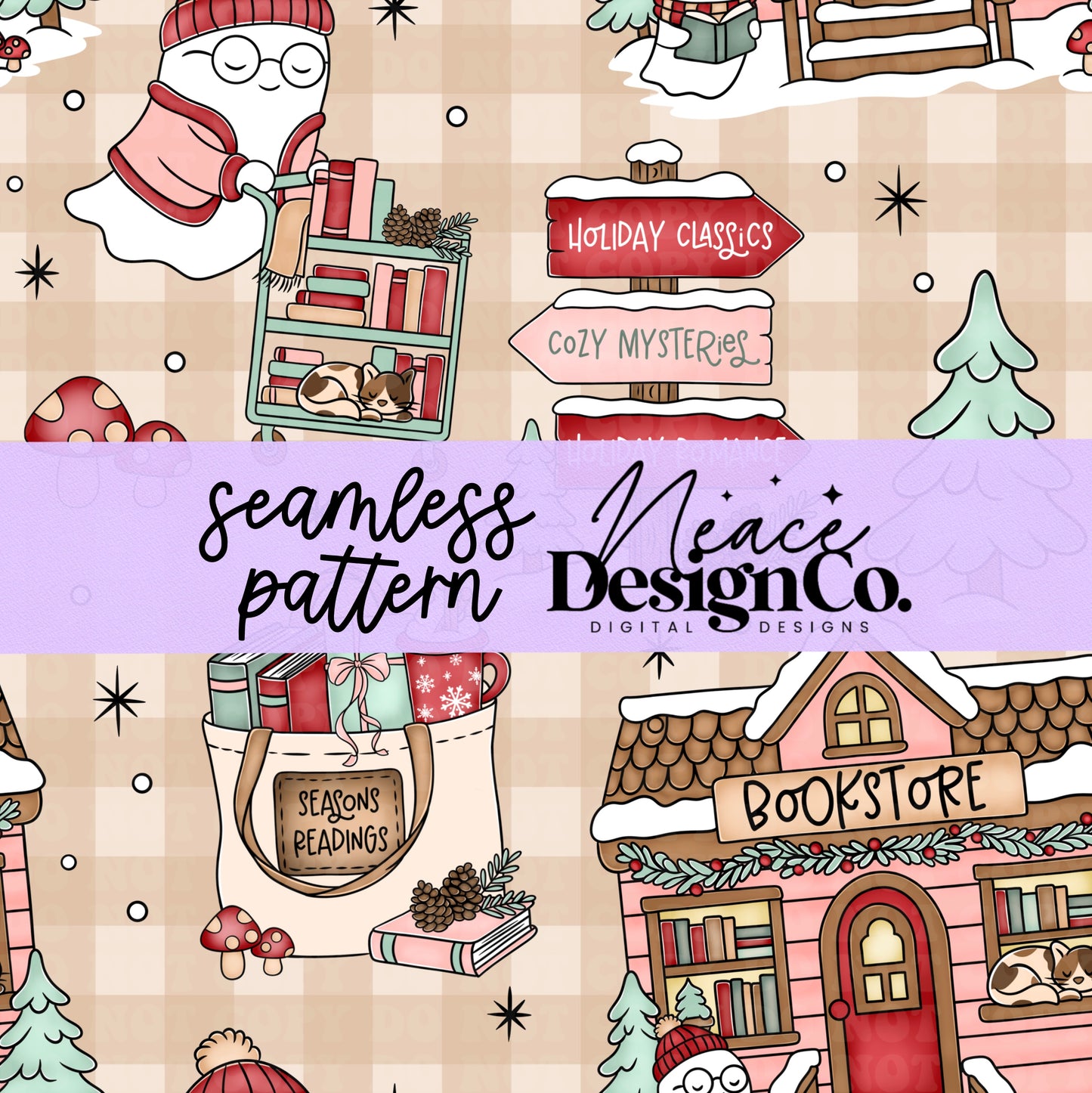 Winter Bookstore Seamless Digital PNG