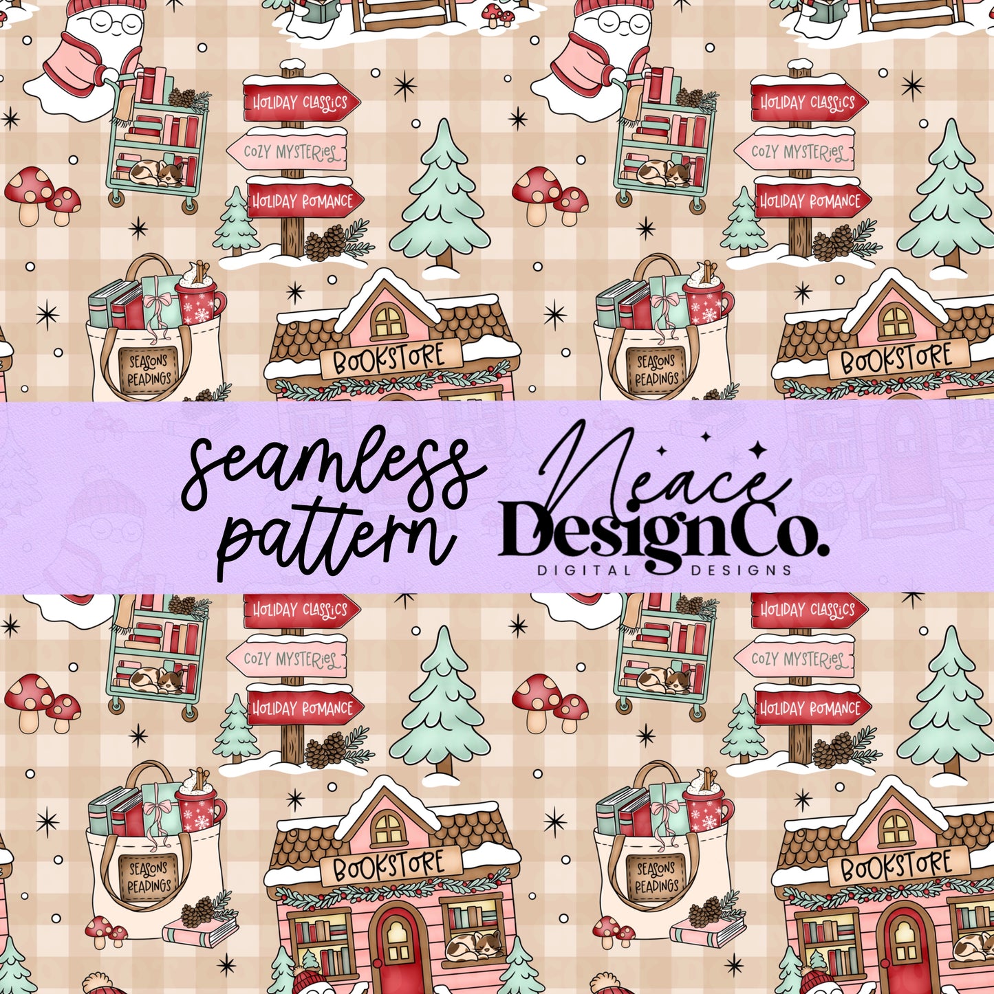Winter Bookstore Seamless Digital PNG