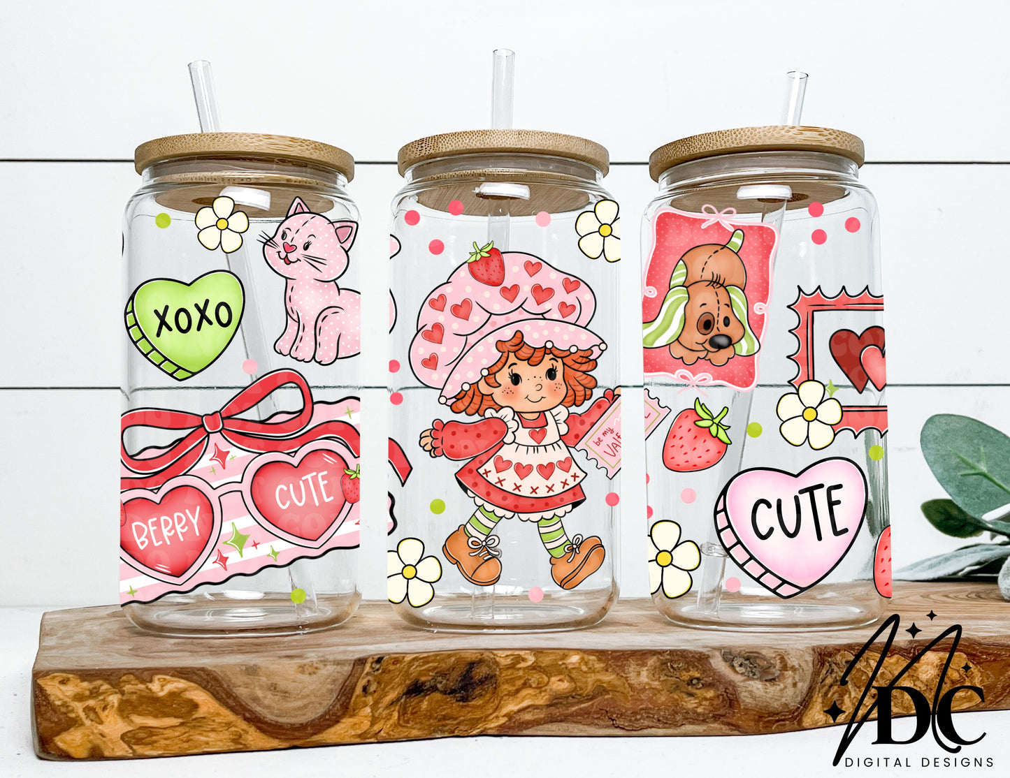 Strawberry Valentine Glass Can Wrap Digital PNG