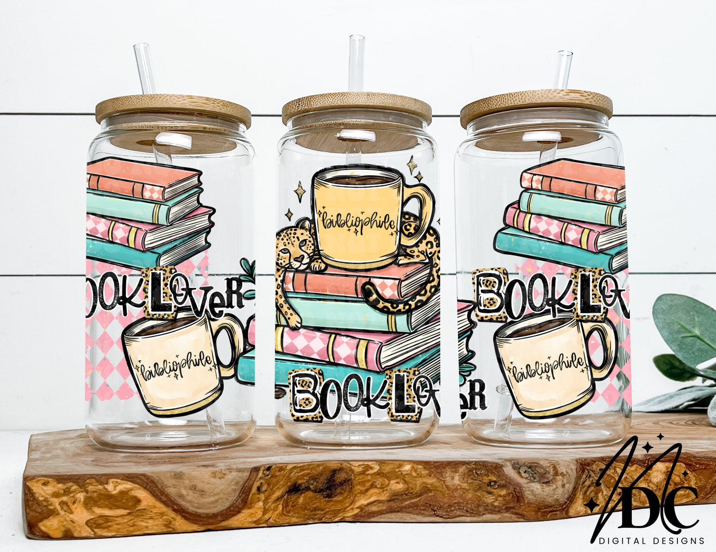 Cheetah Book Lover Glass Can Wrap Digital PNG