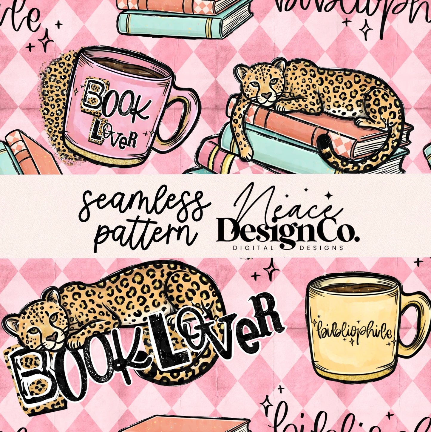 Cheetah Book Lover Seamless Digital PNG