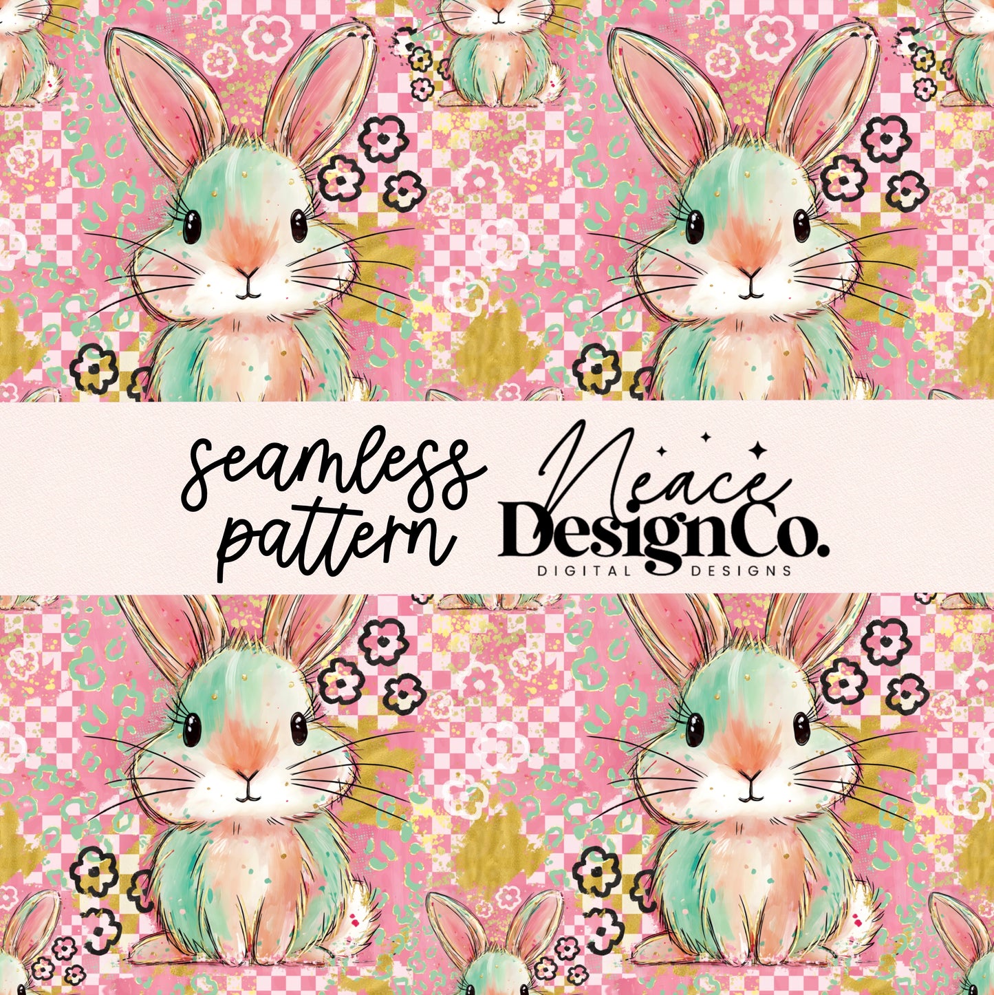 Brushstroke Preppy Bunny Seamless Digital PNG