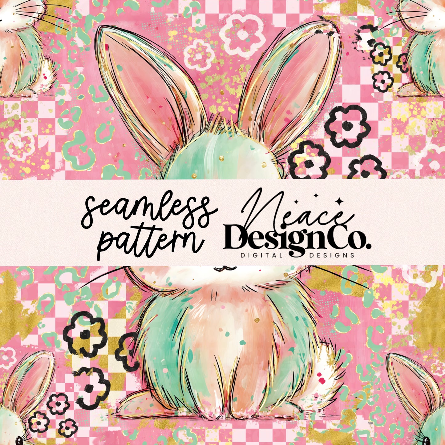 Brushstroke Preppy Bunny Seamless Digital PNG