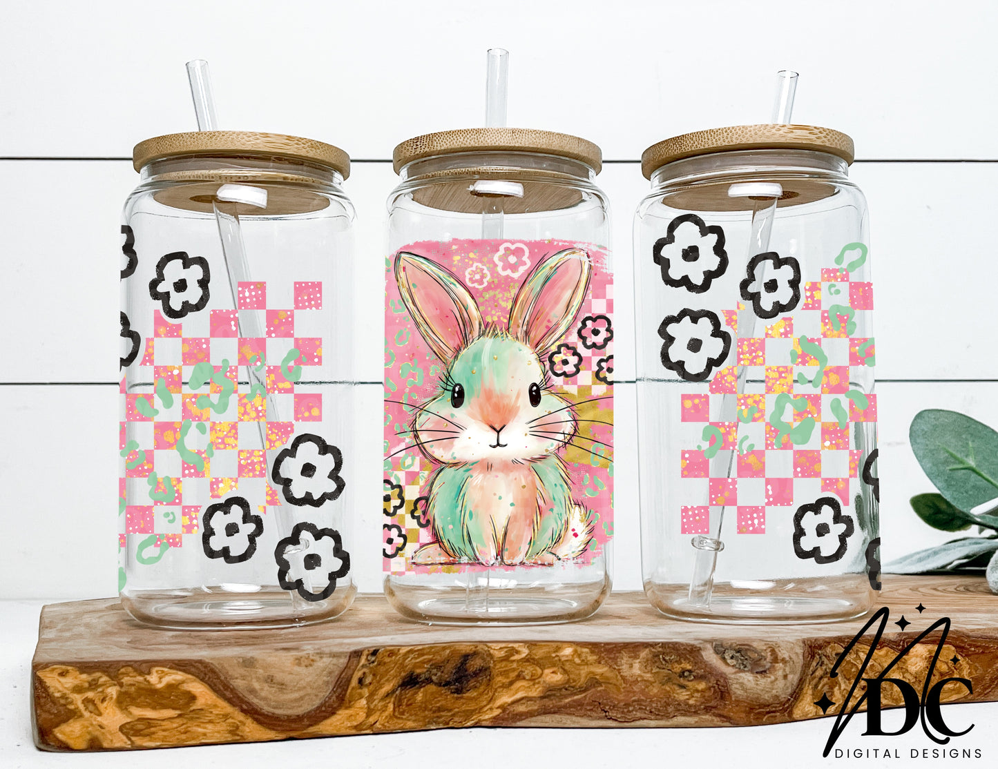 Brushstroke Preppy Bunny Glass Can Wrap Digital PNG