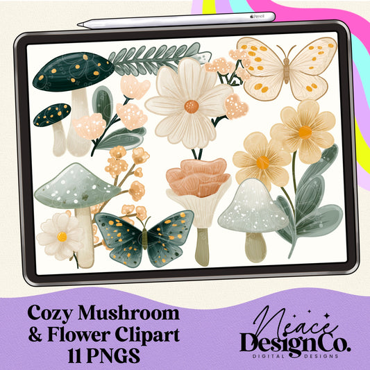 Cozy Mushroom and Flower Digital Clip Art