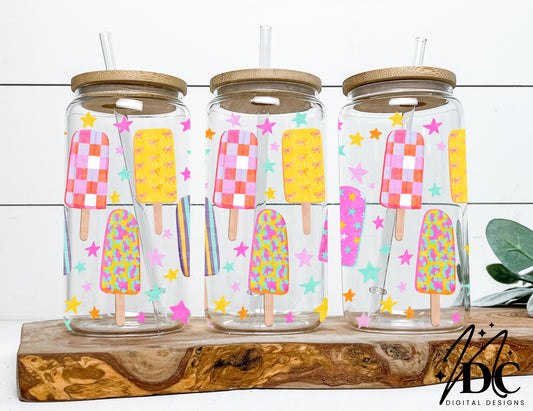 Summer Popsicles and Stars Glass Can Wrap Digital PNG