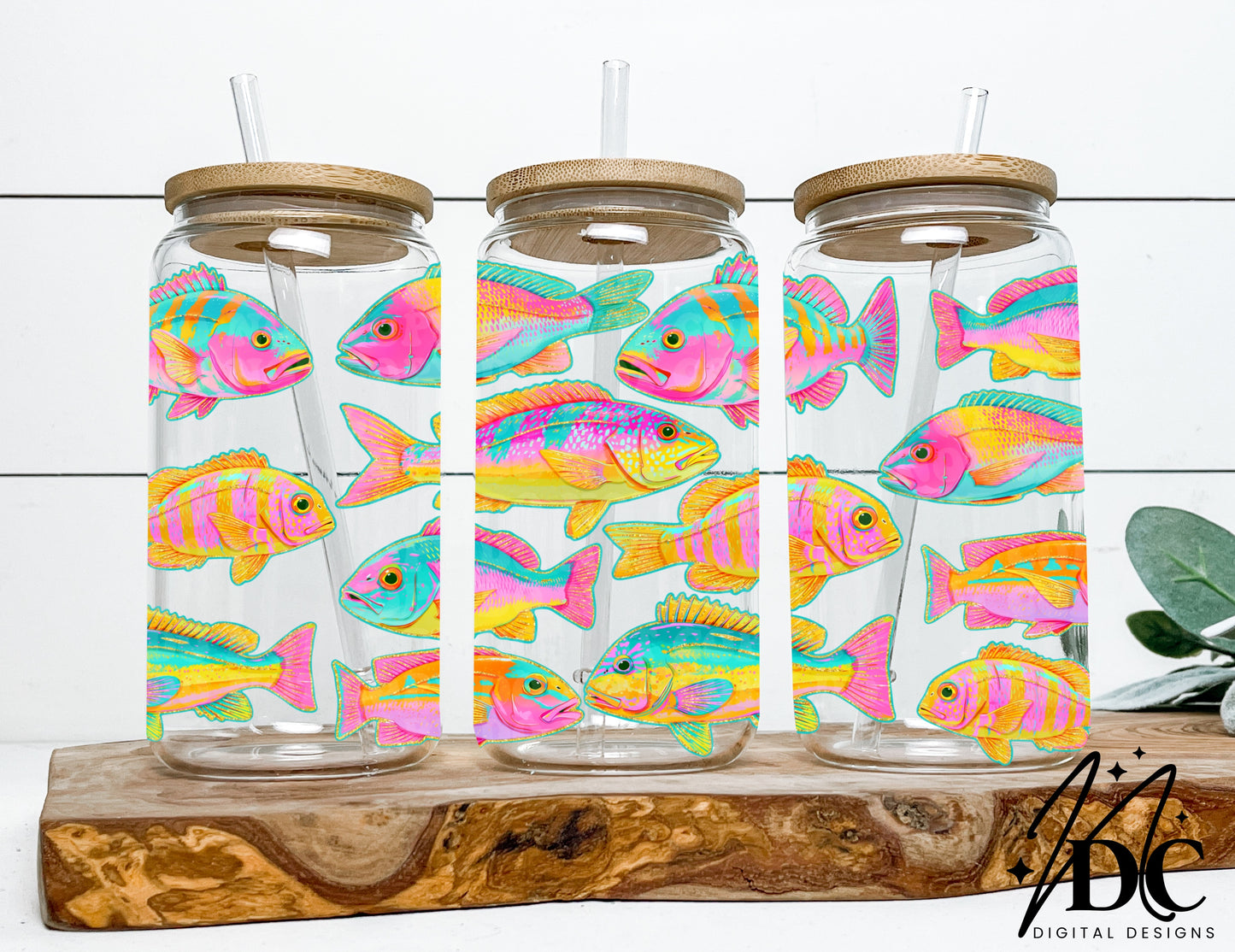 Coastal Preppy Fish Glass Can Wrap Digital PNG
