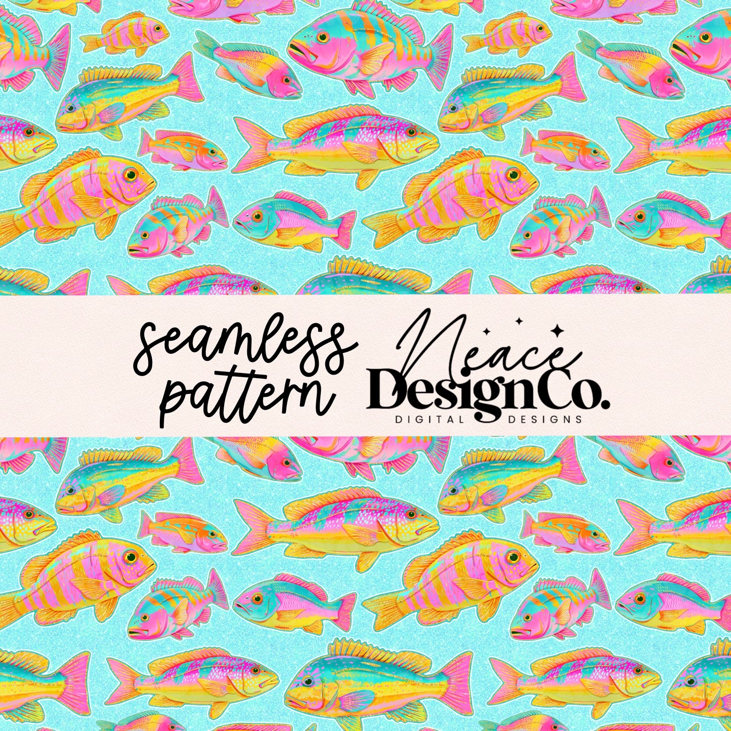 Blue Coastal Preppy Fish Seamless Digital PNG
