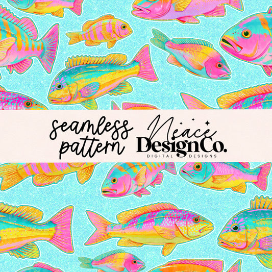 Blue Coastal Preppy Fish Seamless Digital PNG