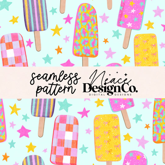 Summer Popsicles and Stars Seamless Digital PNG